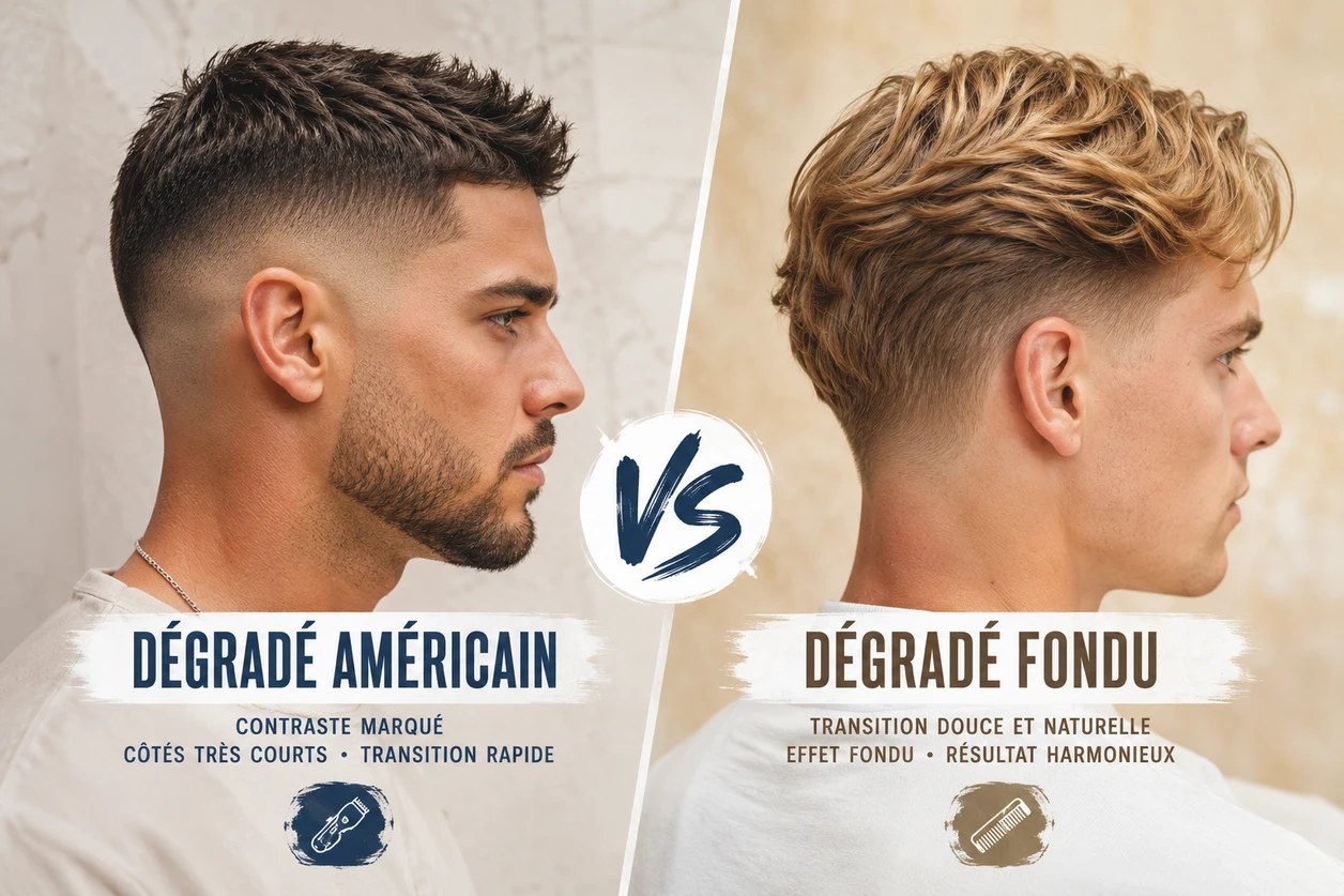 Dégradé américain homme avec fondu progressif sur les côtés et cheveux texturés sur le dessus