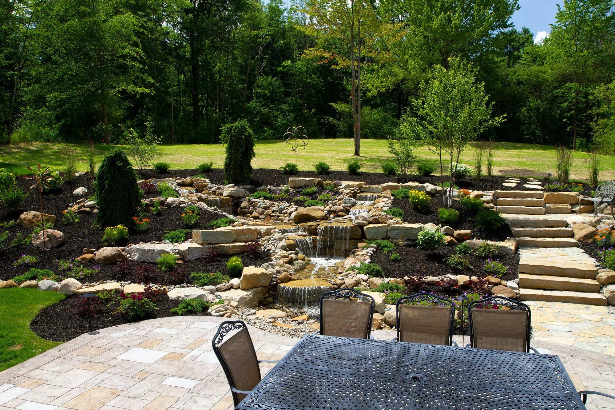Bassin de jardin préformé entouré de plantes aquatiques et de pierres