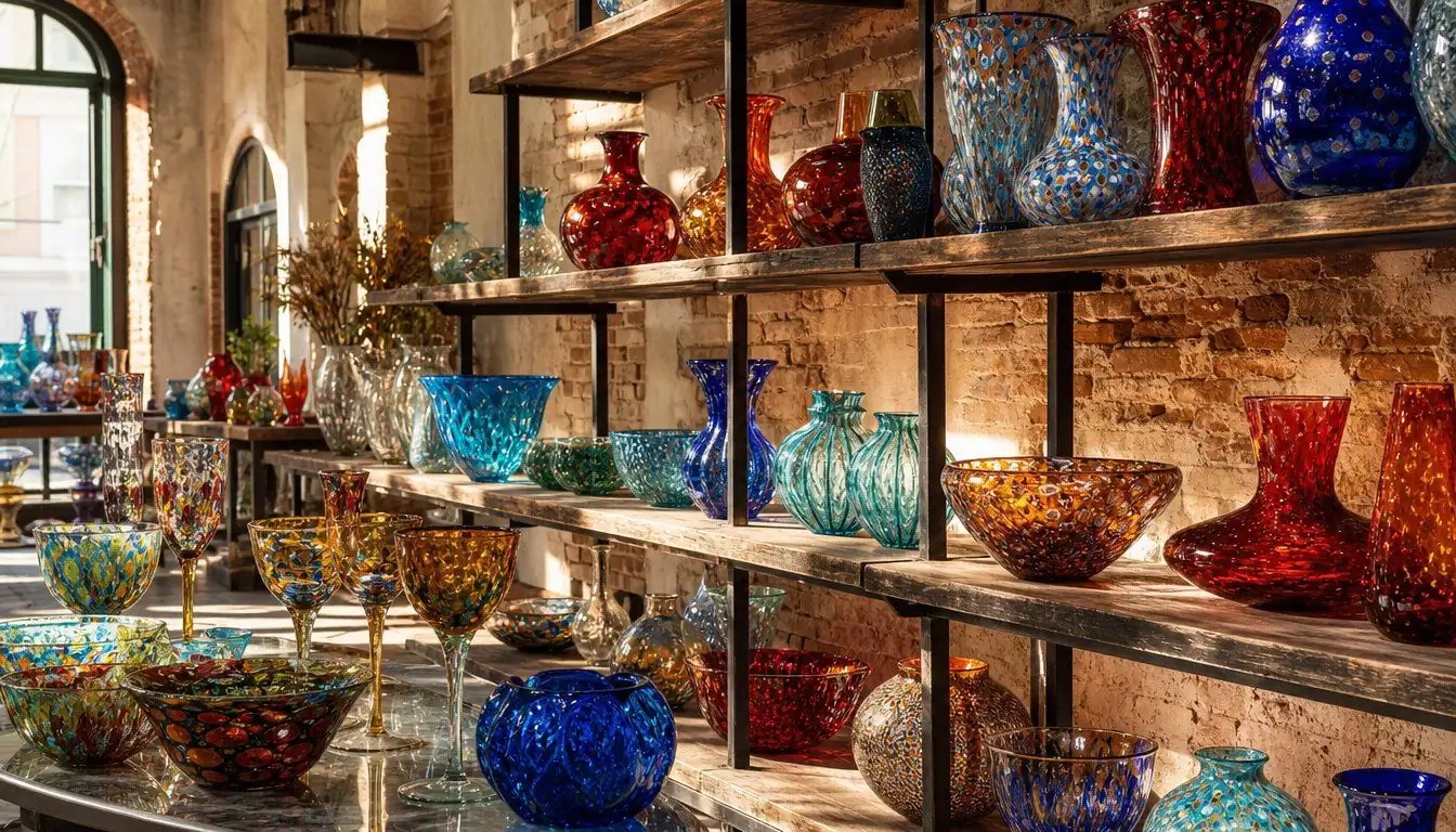 Vase en verre de Murano soufflé à la main avec des reflets colorés et translucides